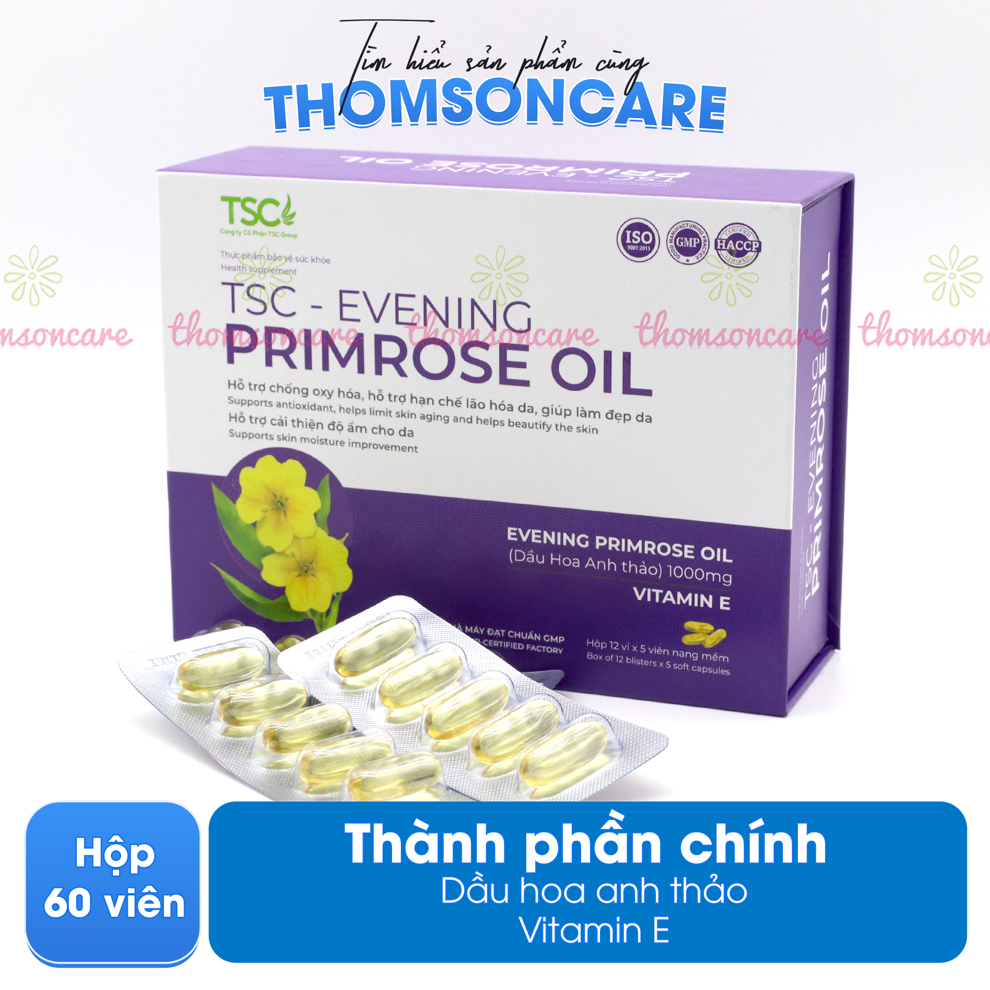 Viên uống tinh dầu Hoa Anh Thảo TSC Group- Giúp chống oxy hóa, hạn chế lão hóa da, giúp làm đẹp da, hỗ trợ cải thiện cấp ẩm cho da từ tinh dầu hoa anh thảo