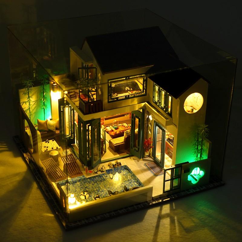 Mô hình nhà DIY Doll House Chinese Happy Restaurant Kèm Hộp nhạc và Mica Chống bụi