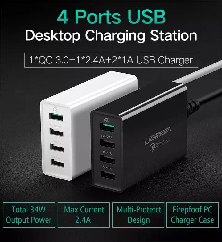 Ugreen UG30598CD102TK 1.5 Màu Đen Sạc nhanh chuẩn 3.0 Quick Charge 4 cổng usb qc3.0 - HÀNG CHÍNH HÃNG