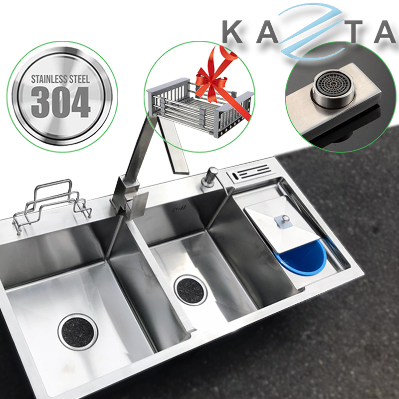 Combo Chậu Rửa Chén Bát Tiện Lợi Kazta KZ-CB10048H - Chậu inox cao cấp có hố rác, khay cài dao thớt, bình xà phòng, rổ rút đựng rau củ