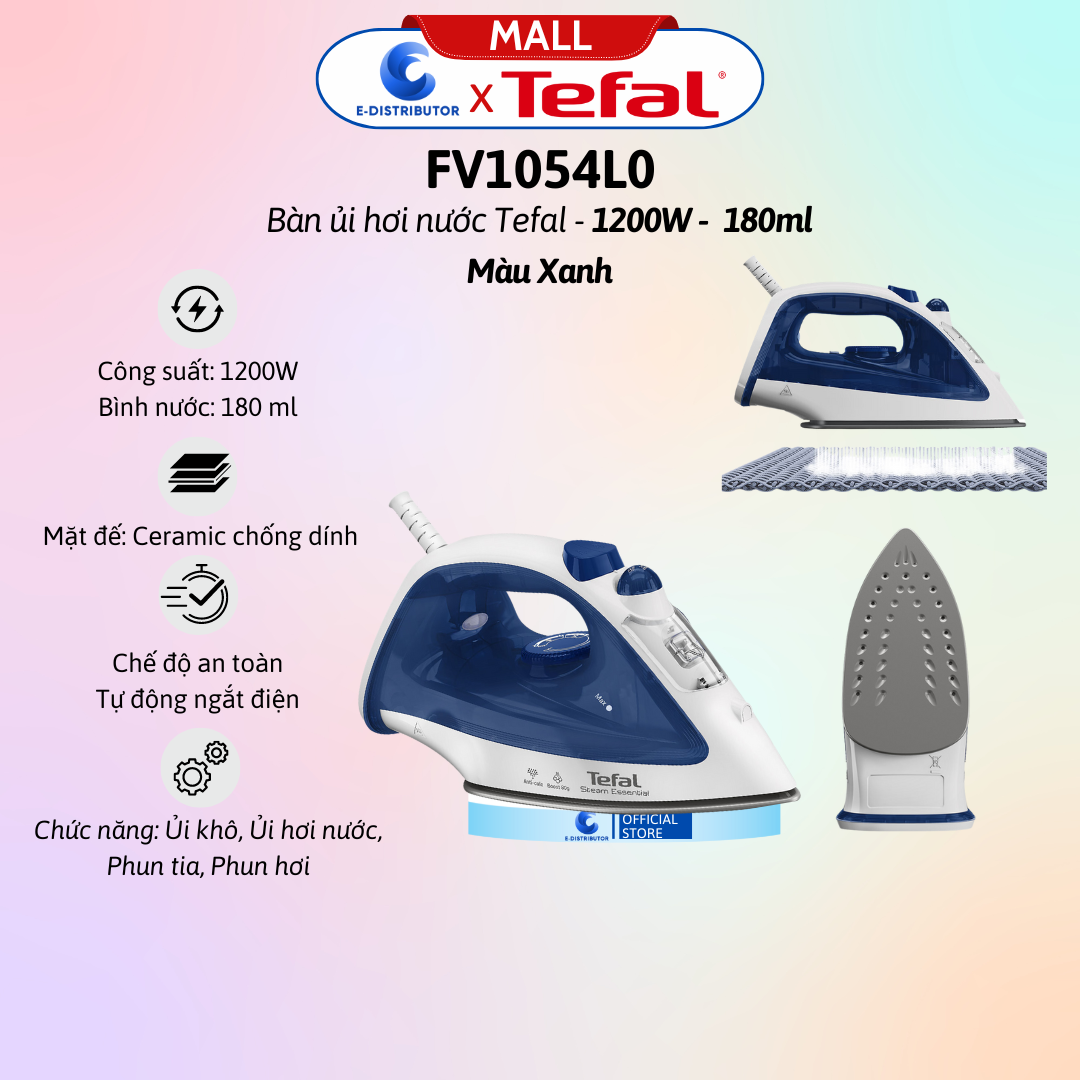 Bàn ủi hơi nước Tefal FV1054L0 1200W - Bàn ủi hơi nước Tefal Easy Steam FV1955E0 1400W  - Hàng Chính Hãng