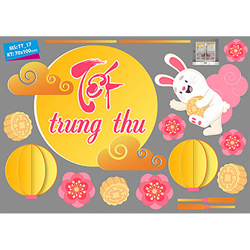 Decal trang trí trung thu 2021 combo lân sư đón Trung Thu trên cung trăng