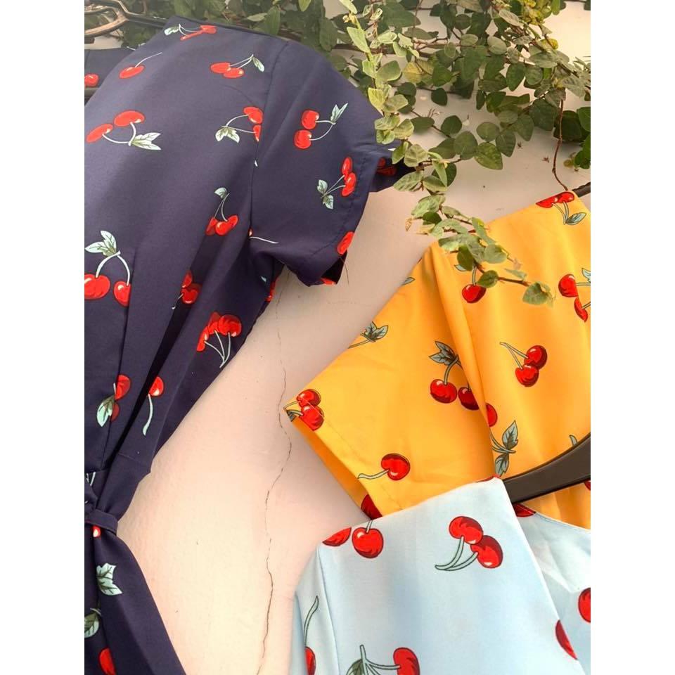 Đầm cổ chéo tà đắp họa tiết trái cây xanh và vàng CHERRY DRESS