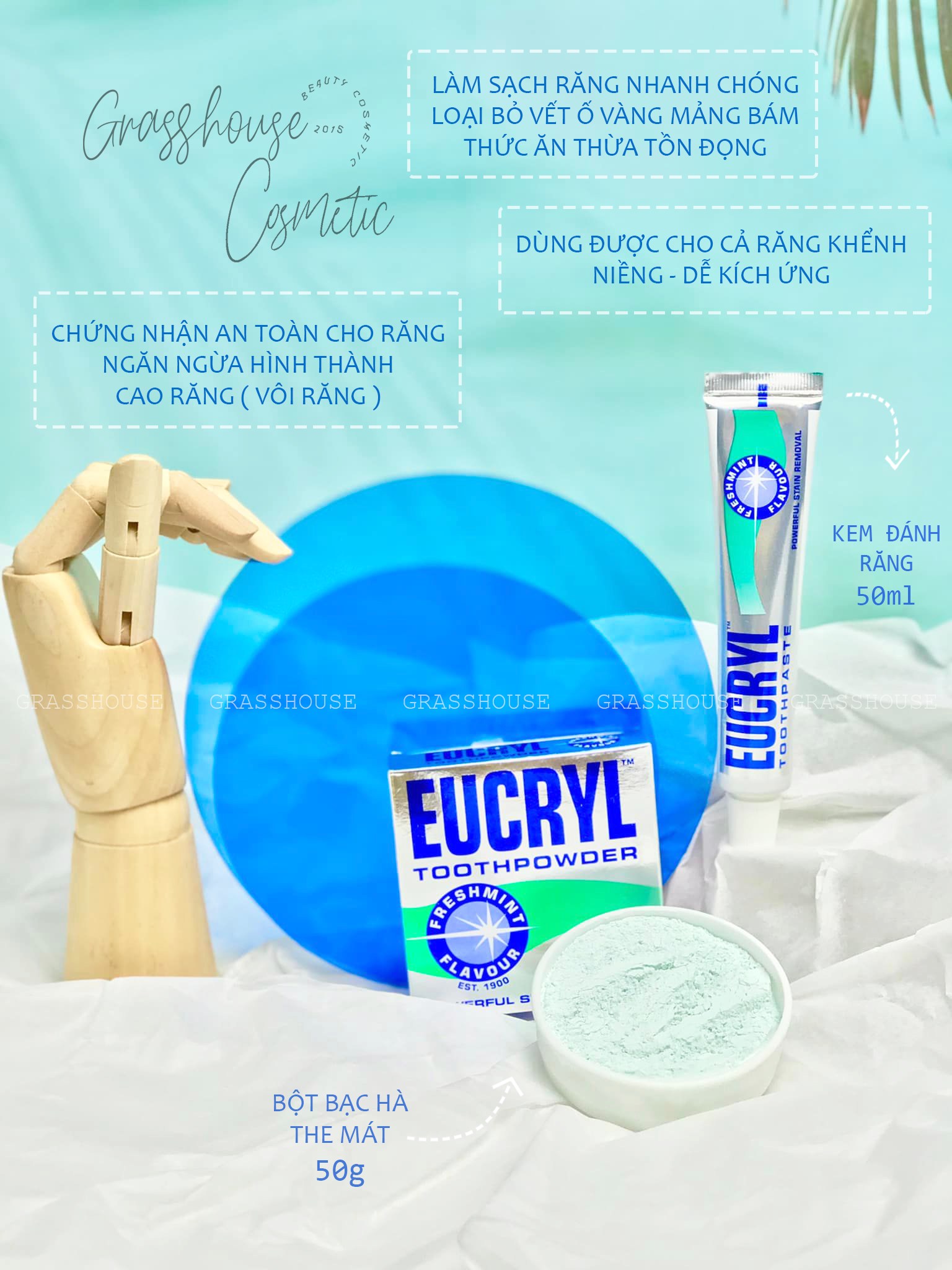 Kem Đánh Răng Eucryl Toothpowder Freshmint Bạc Hà Giúp Sạch Những Mảng Bám, Làm Trắng Tự Nhiên, Giảm Sâu Răng 62g