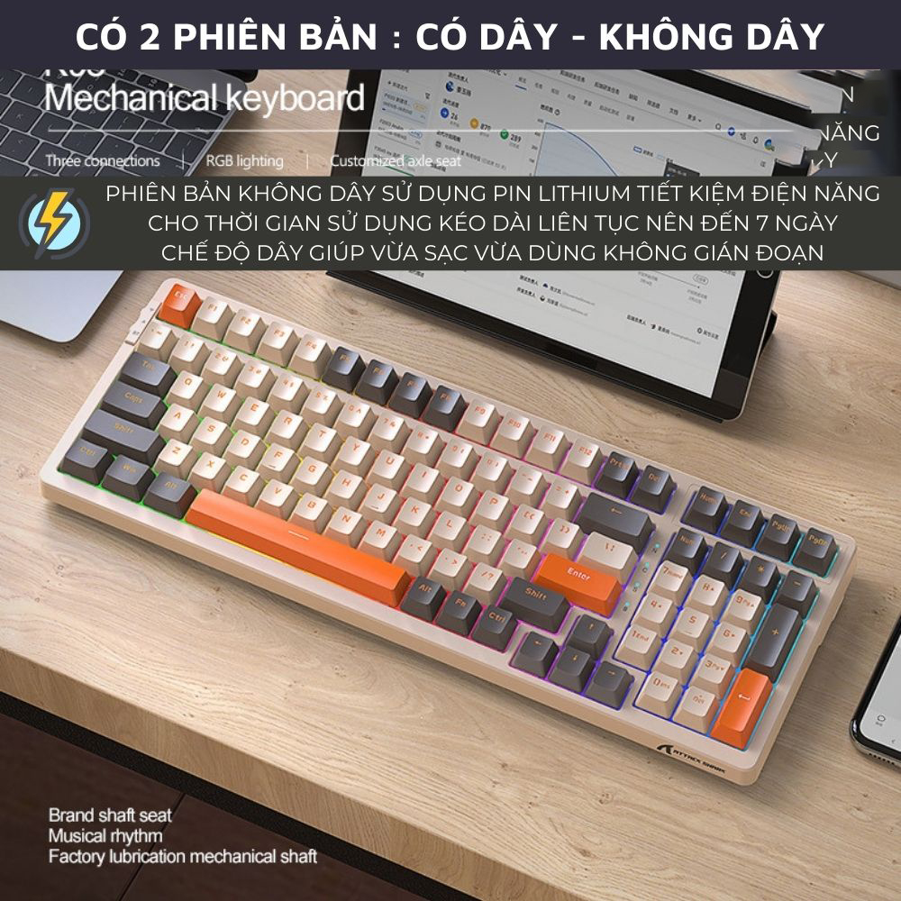 Bàn phím Cơ Không Dây Hotswap K98 phiên bản fullsize - LED RGB nhiều chế độ - LÓT FOAM sẵn - Hỗ trợ đa nền tảng