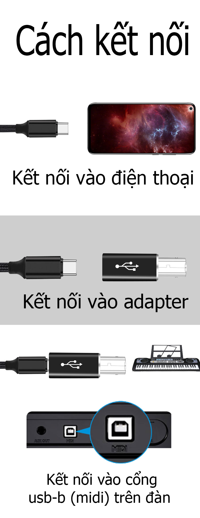 Đầu chuyển usb type-c ra usb b cho máy in, Midi cho máy đàn organ