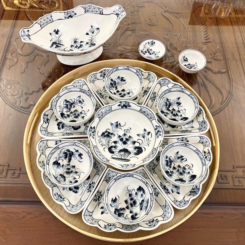 Bộ bát đĩa hoa mặt trời 16 món. Gốm sứ Bát Tràng.