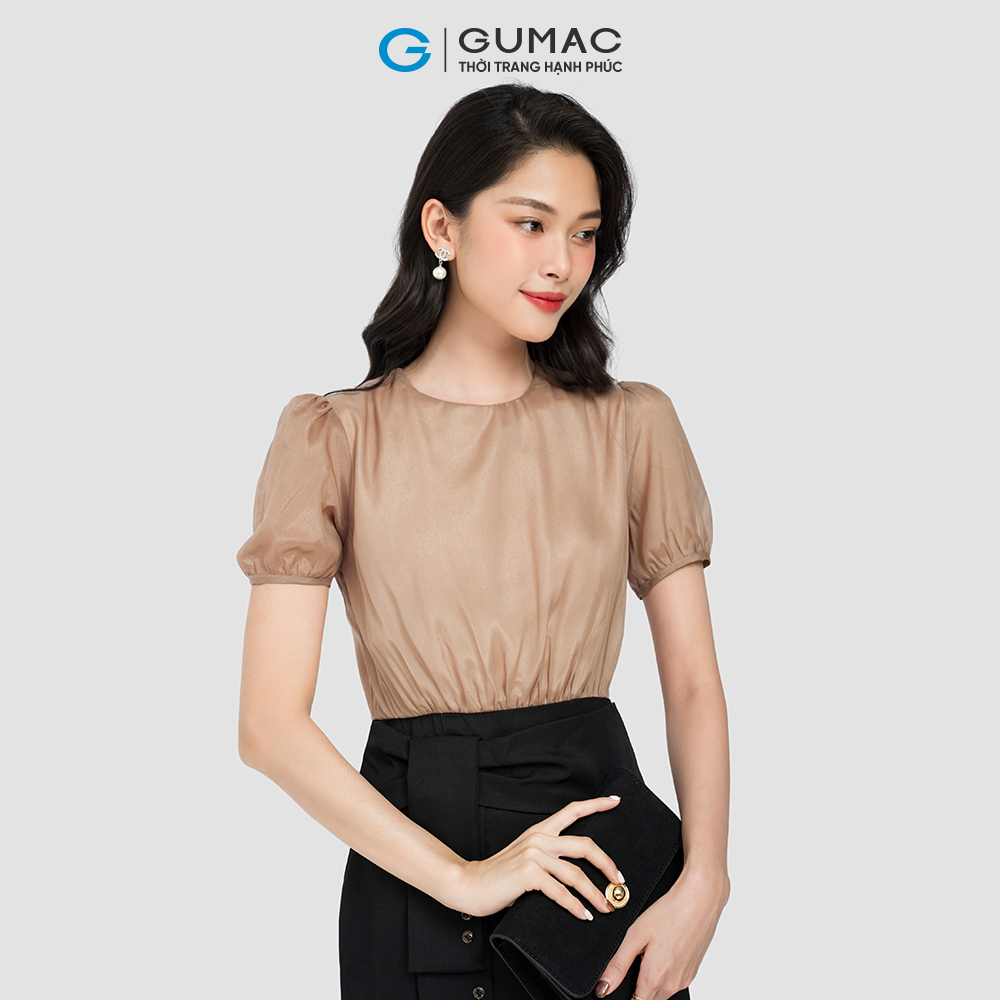 Đầm bút chì phối voan GUMAC DC08056 vải mềm mịn màu nâu