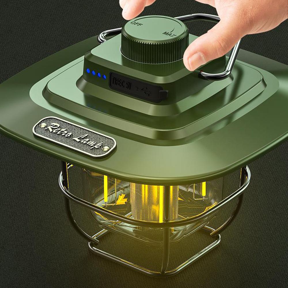 Retro Camping Light LED Campsite Lantern Rechargeable Tent Lamp Waterproof Portable Power Bank Stepless Dimming for Camping Tent Hiking Fishing