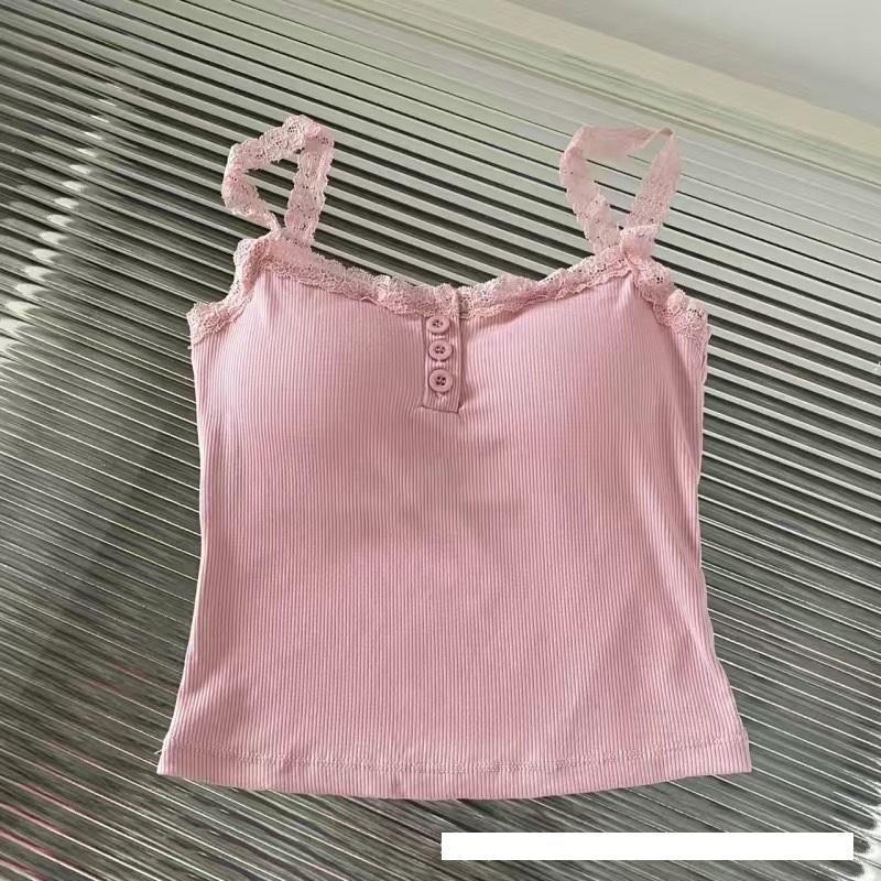 Áo Bra 2 dây VIỀN REN ở cổ và dây, ngực 3 cúc, áo tanktop chất liệu thun gân tăm, cogiãn ôm dáng, hàng QC có đệm ngực, nhiều màu Nữ Women Cotton Dáng Ngắn