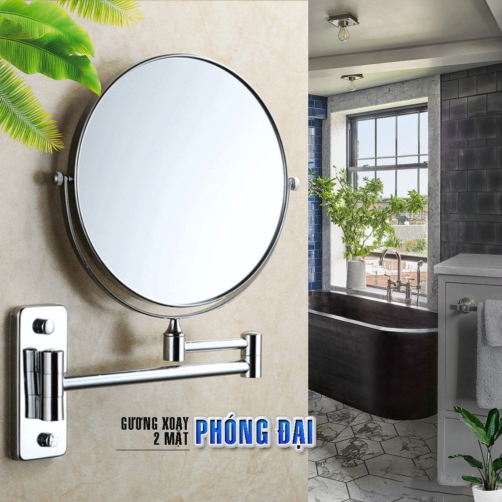 Gương trang điểm phóng đại 3 lần, xoay 360 độ, 2 mặt siêu nét, treo tường phòng tắm, phòng ngủ, Khách sạn, resort, Inox SUS 304, Size 15cm, 18cm, 20cm, MIHOCO G31- Tặng kèm: Móc giá đỡ điện thoại