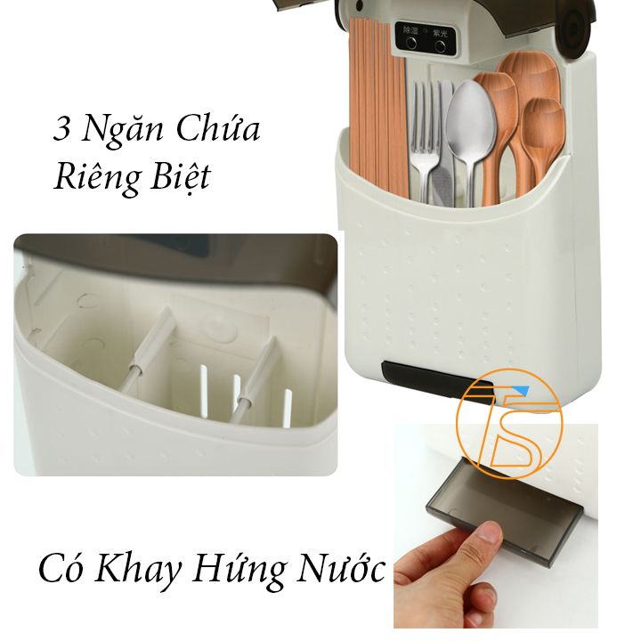 Hộp Đựng Muỗng Đũa Thông Minh Khử Khuẩn Sấy Khô Dán Tường 3in1 Kèm Adapter Và Dây Cáp - Máy Xấy Thìa Muỗng Trong Nhà Bếp Sử Dụng Điện 220V