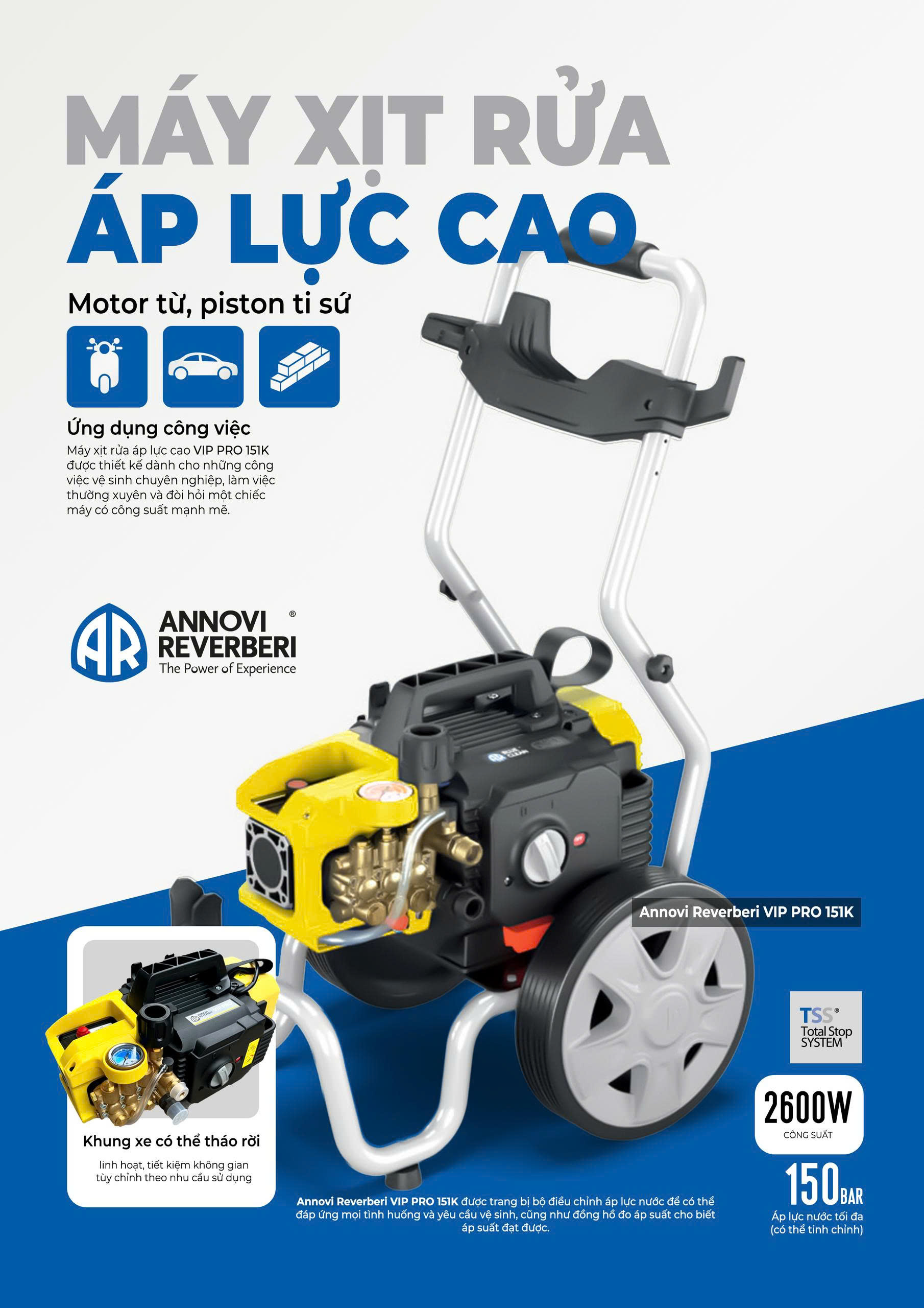Máy xịt rửa xe chuyên dụng Annovi Reverberi VIP Pro 151K motor từ, áp lực 150BAR, 2600W- Hàng chính hãng