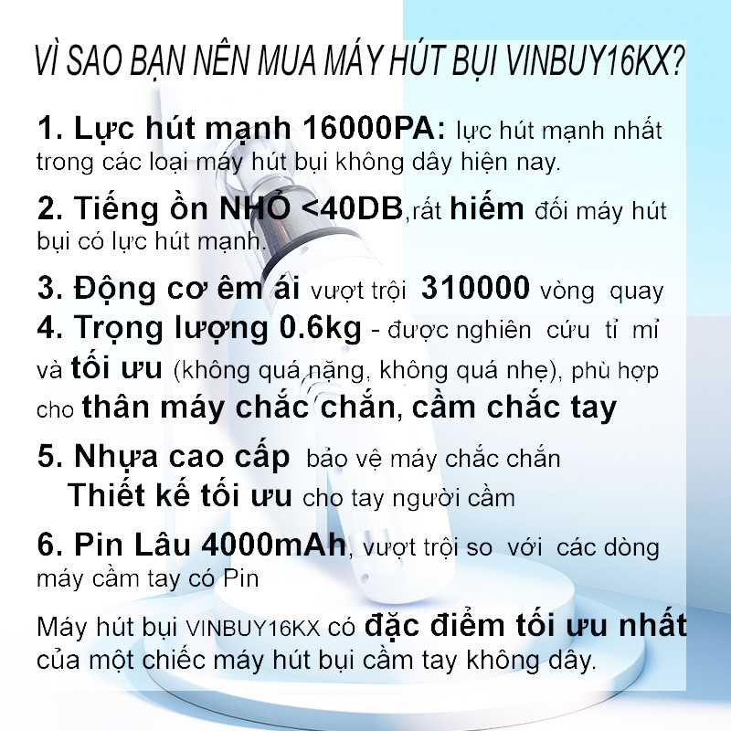 Máy Hút Bụi Cầm Tay Không Dây VinBuy Lực Hút Mạnh Mẽ 16000PA Chức Năng Hút Bụi Khô Và Ướt - Máy Hút Bụi Ô Tô, Máy Hút Bụi Gia Đình - Hàng Chính Hãng