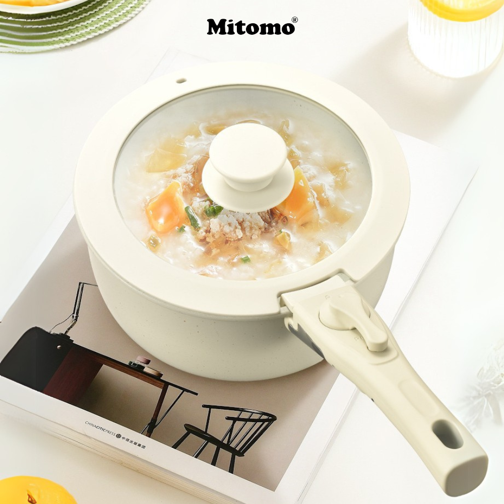 Bộ nồi chảo đá gốm Mitomo chống dính cao cấp 5 món có tay cầm tháo rời, dùng cho mọi loại bếp - Hàng chính hãng