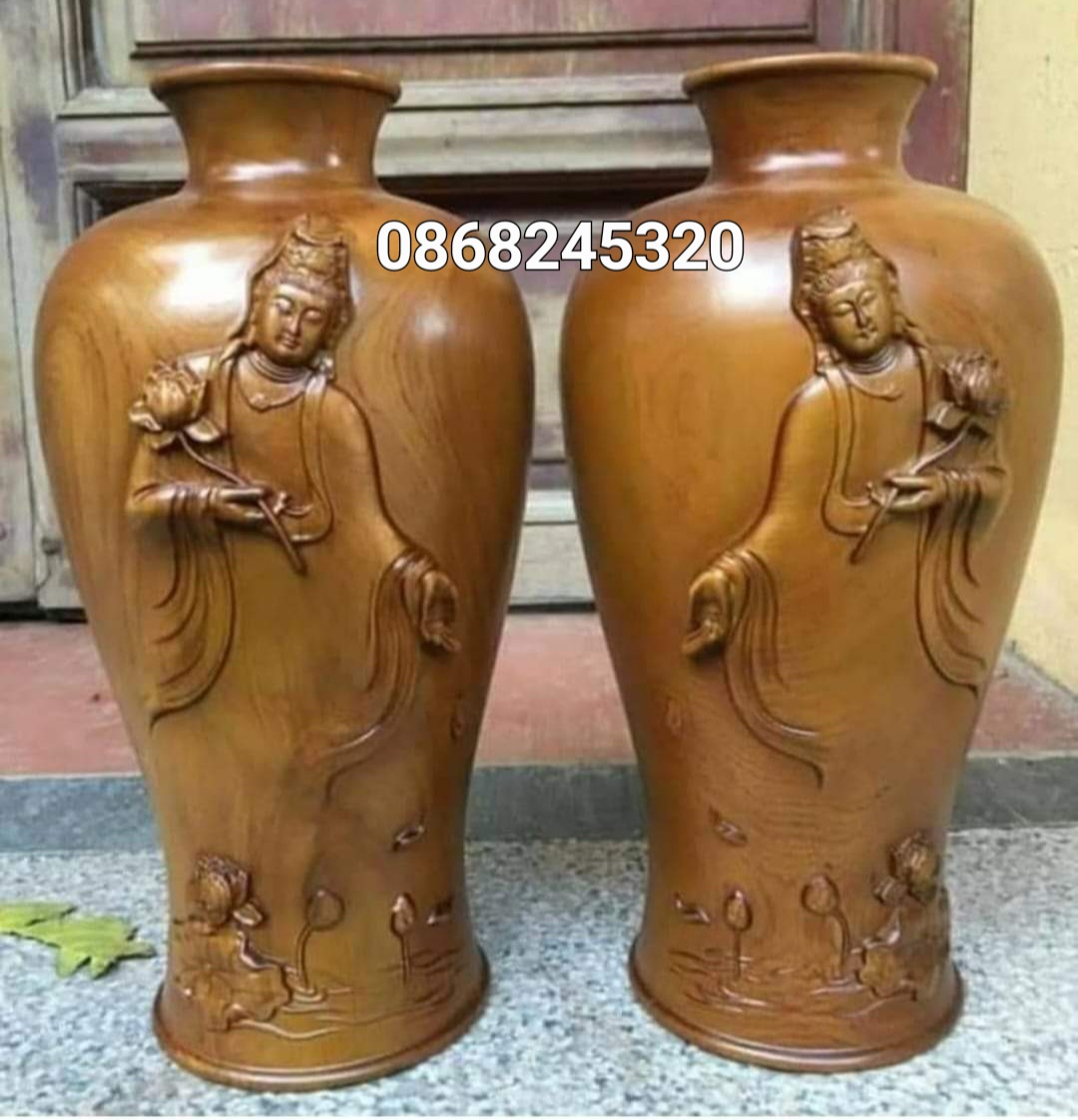 Cặp lộc bình bằng gỗ bách xanh khắc phật bà quan âm bồ tát đẹp long lanh kt cao 30×14cm