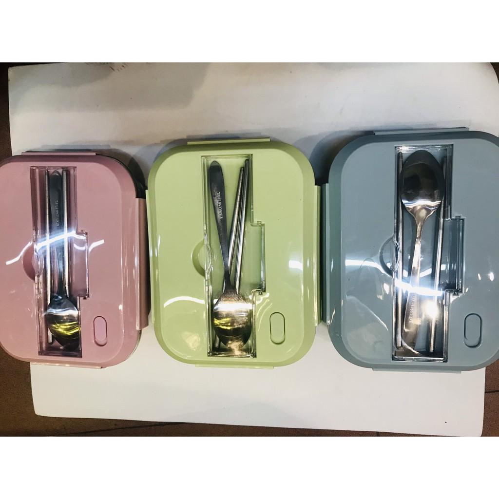 hộp cơm lúa mạch 3 ngăn có đũa thìa siêu cute  inox