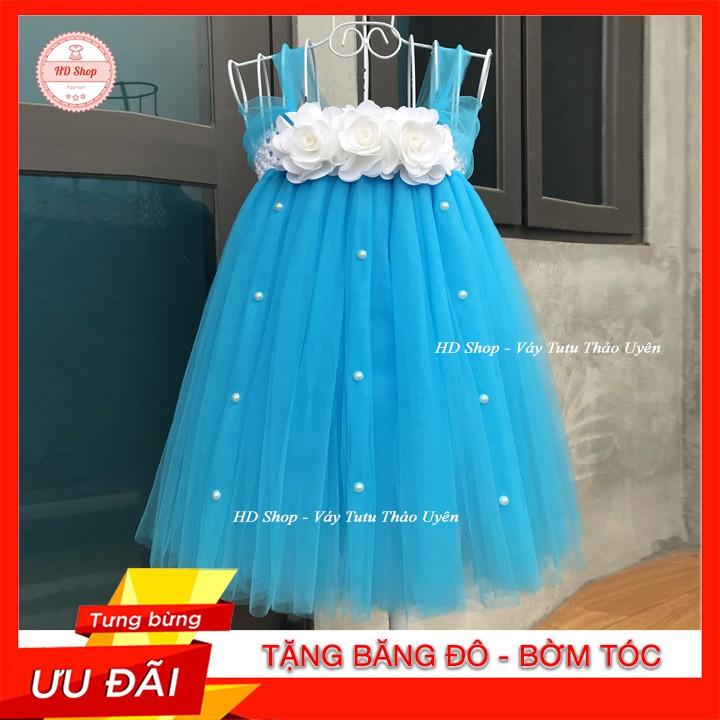 Đầm công chúa ️️ Đầm xanh trời hoa hồng trắng đính đá cho bé gái 0 đến 6 tuổi