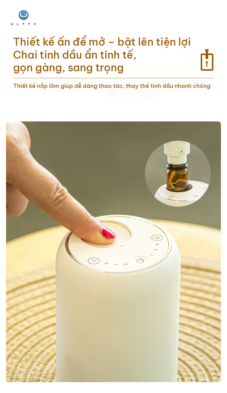 Máy Khuếch Tán Tinh Dầu U ULTTY Aroma – 3 Mức Lan Tỏa Hương, Đèn LED Thư Giãn, Thiết Kế Nhỏ Gọn, Sang Trọng, Tiện Lợi