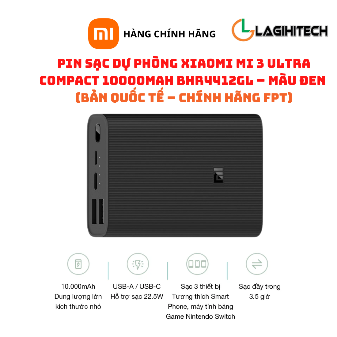 Pin Sạc Dự Phòng Xiaomi Mi 3 Ultra Compact 10000mAh BHR4412GL Màu Đen Bản Quốc Tế – Hàng Chính Hãng FPT