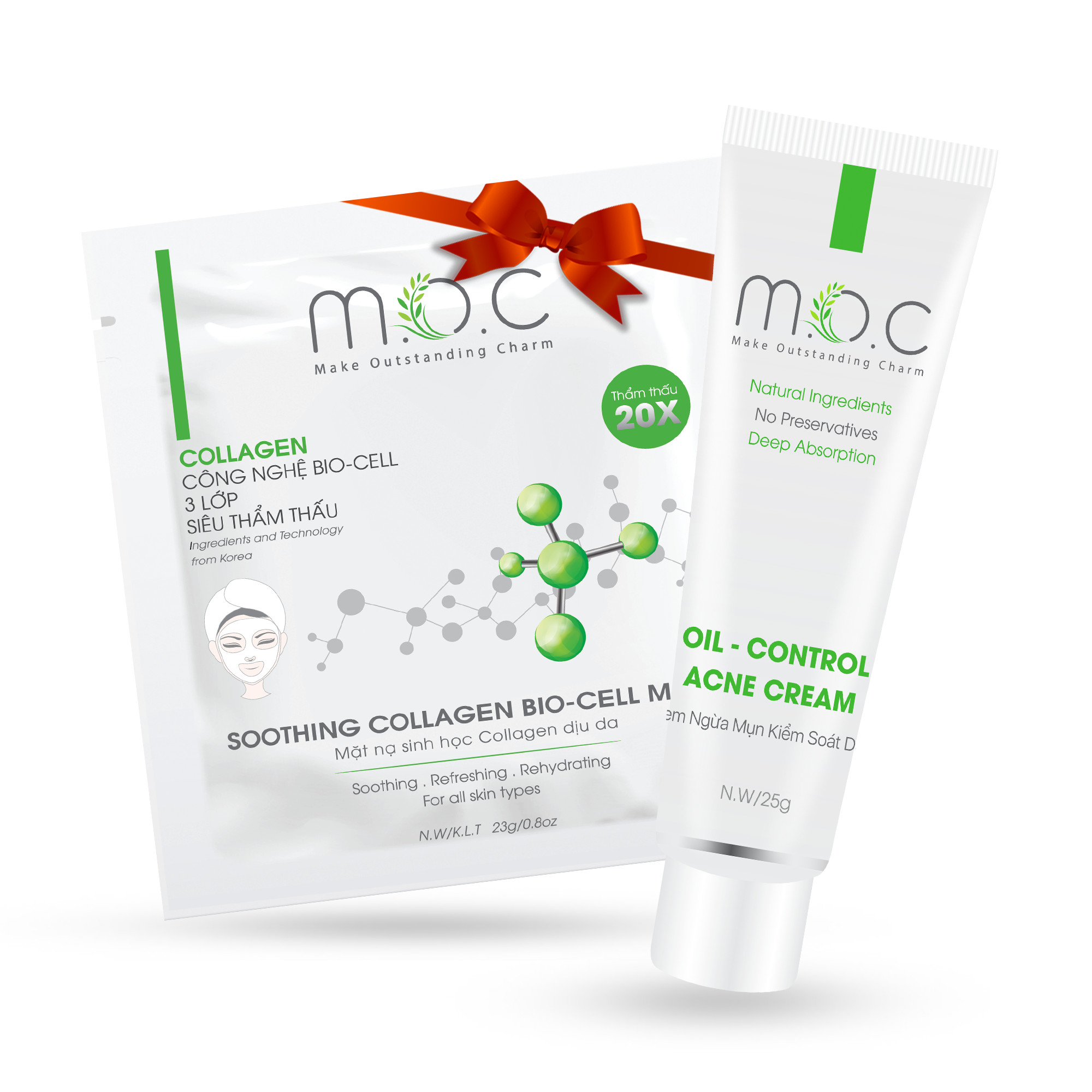 Kem Ngăn Ngừa Mụn Trắng Sáng Da M.O.C - Tặng 1 Miếng Mặt Nạ Sinh Học Collagen Dịu Da M.O.C - Kem mụn  tinh chất Tràm trà, Kiểm soát dầu nhờn, Kháng viêm giảm sưng, Se khít lỗ chân lông, Giảm thâm sạm do mụn