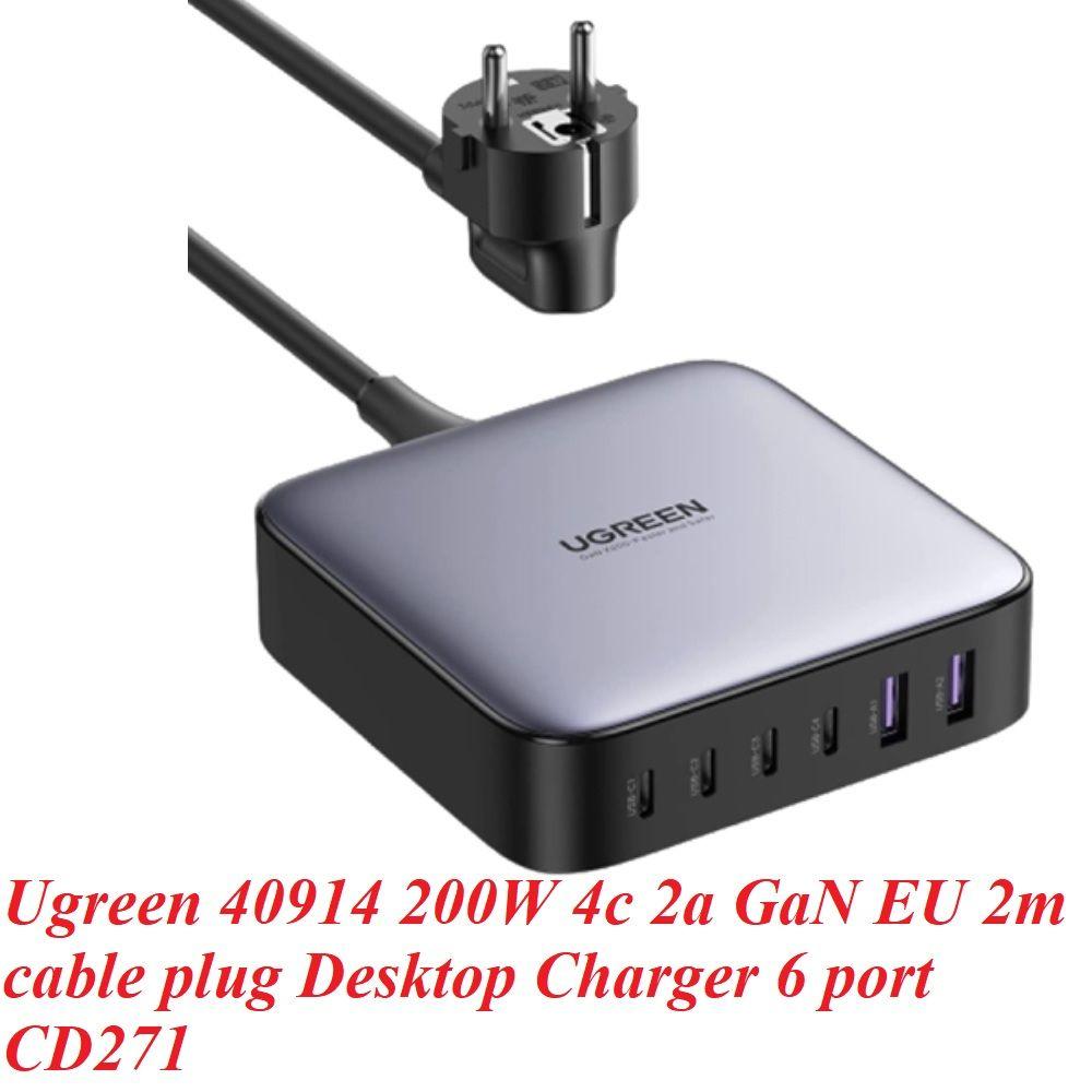 Ugreen UG40914CD271TK 200W cáp nguồn dài 2M chuẩn cắm EU Màu Xám Bộ sạc nhanh có 4 cổng USB-C và 2 cổng USB-A - HÀNG CHÍNH HÃNG