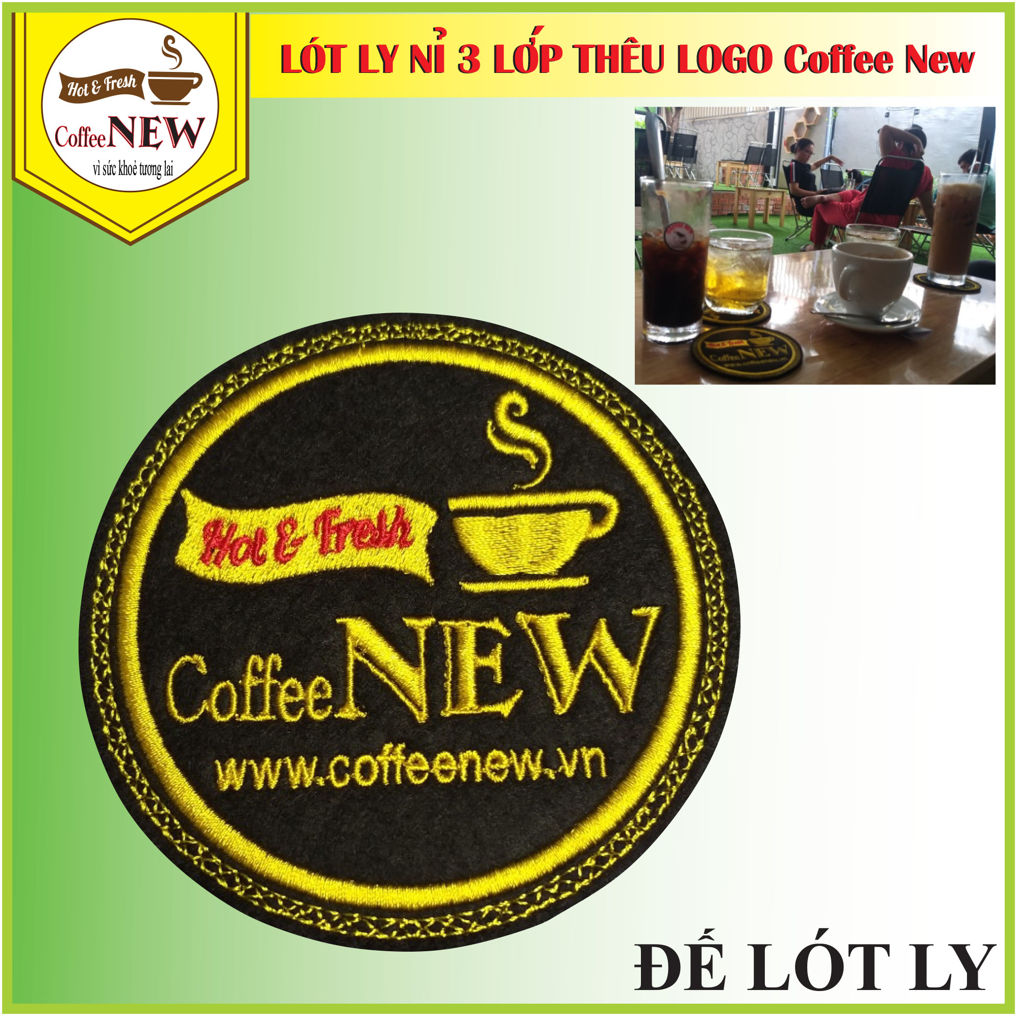 COMBO 10 Cái Đế Lót Ly (Nỉ 3 Lớp Cao Cấp) Thêu Logo Nổi Coffee New - Đường kính 9cm - Thấm nước nhanh - Nhỏ, gọn, Đẹp_Coffee New