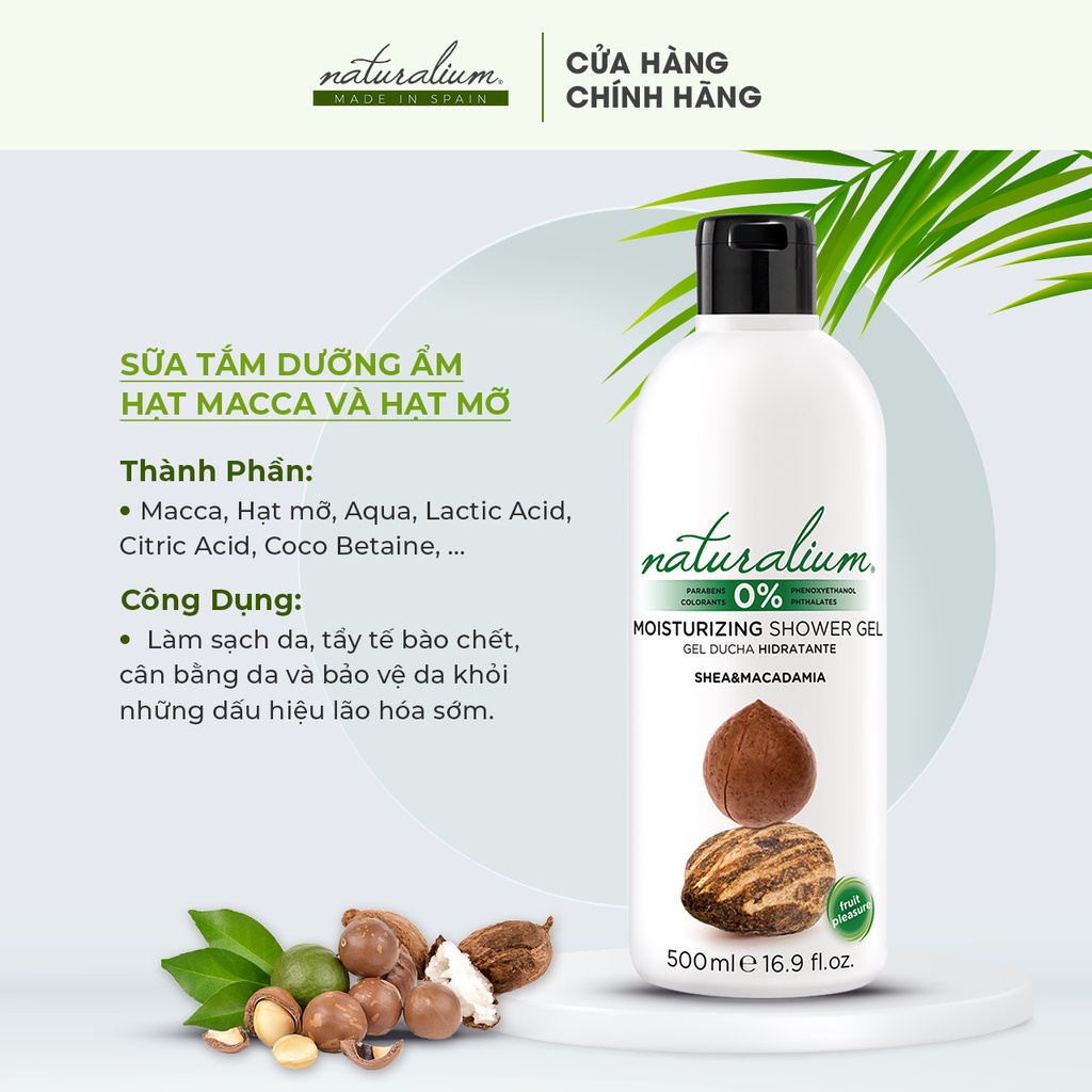 Sữa tắm dưỡng ẩm NATURALIUM hạt macca và hạt mỡ 500ml dưỡng da trắng sáng, mềm mịn & không gây kích ứng