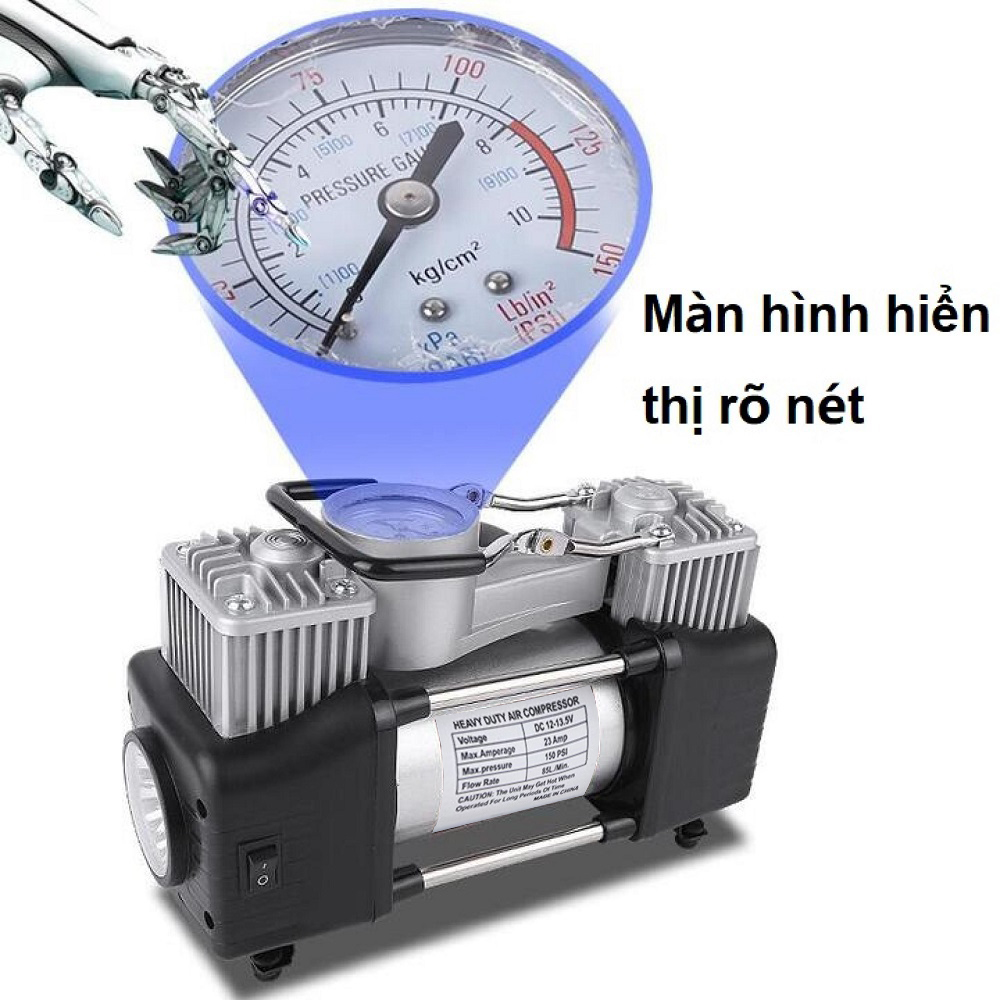 Máy bơm hơi mini 2 xilanh 12v-150psi - Bơm hơi mini kèm phụ kiện vá lốp, kẹp ác quy, hộp đựng.