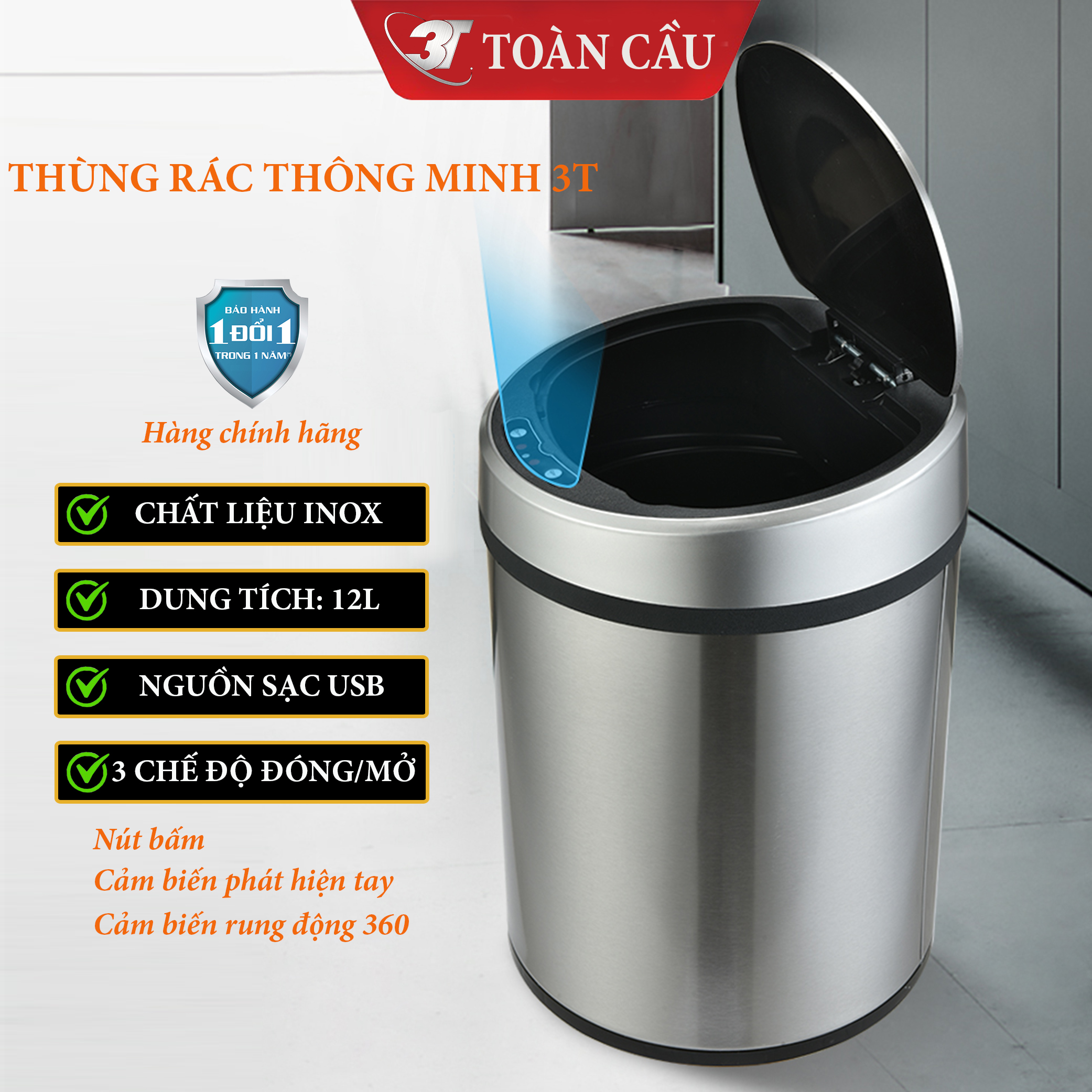 Thùng Rác Inox Cảm Biến Thông Minh 3TTO.TR1201 Với 3 Chế Độ Đóng Mở Nắp Tự Động, Sử Dụng Nguồn Sạc, Nút Ấn Cảm Ứng