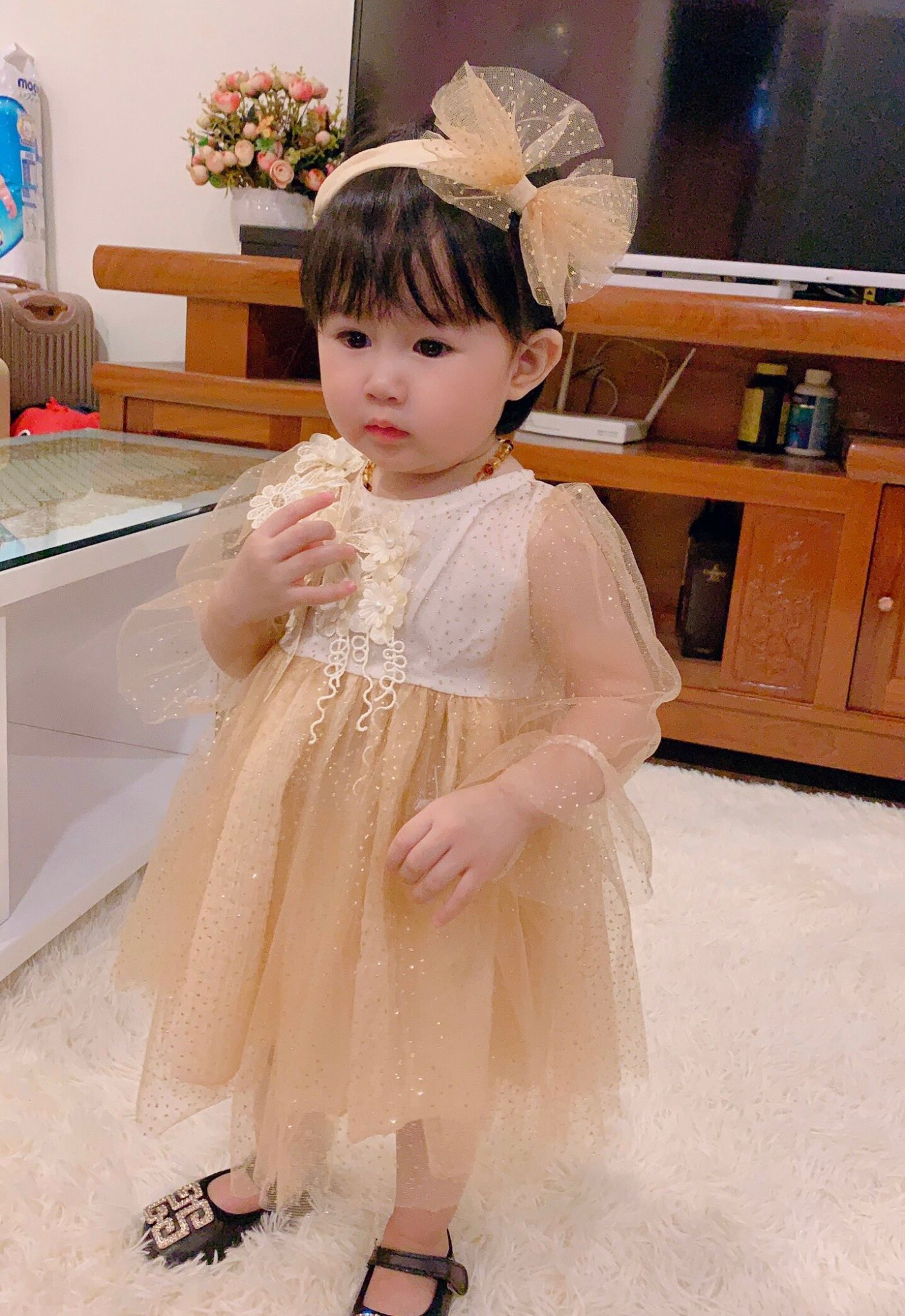 Váy công chúa đính hoa ngực bé gái 4 đến 28kg, Đầm bé gái tặng kèm turban