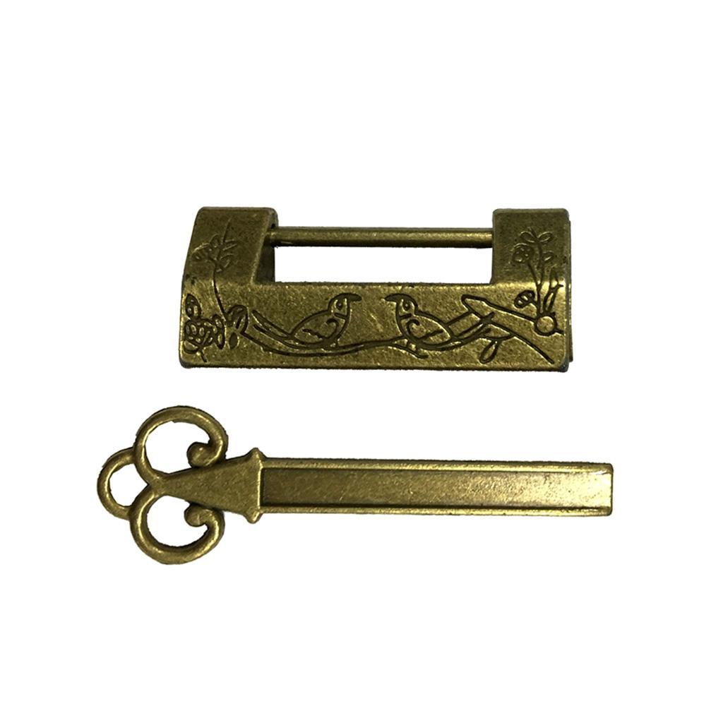 Retro Chinese Antique Style Brass Carved Bird Pattern Padlock Lock with Key