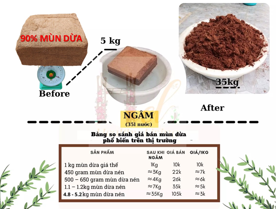 Xơ dừa nén mùn dừa nén 4.8-5kg nở 5 lần trộn đất sạch + phân bón làm giá thể hữu cơ trồng rau sạch, hoa hồng, cây cảnh