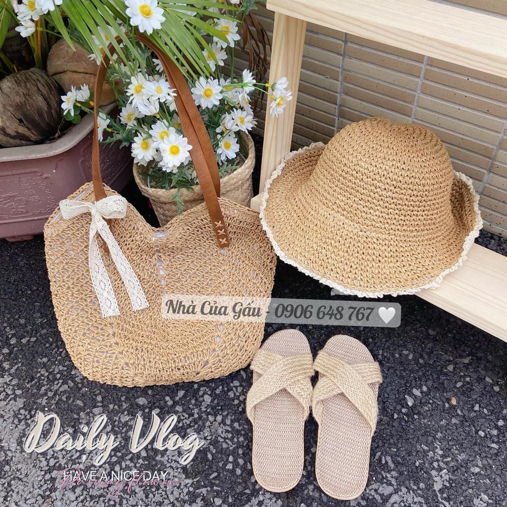Túi cói tròn dây da form to mix nơ ren phải nói xinh xỉu luôn í