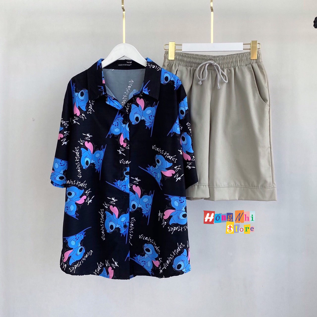 Áo Sơ Mi Hoạ Tiết Tay Lỡ Dáng Rộng, Sơ Mi Con Xanh Tay Lửng Unisex - MM