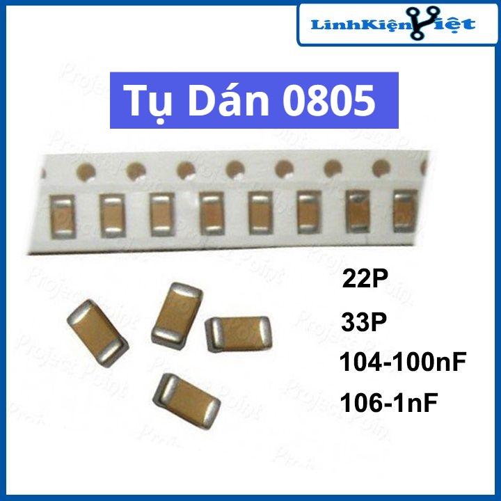 Tụ dán 0805 điện áp 50V giá trị 22P / 33P / 104-100nF / 106-1nF (giá/1 chiếc)