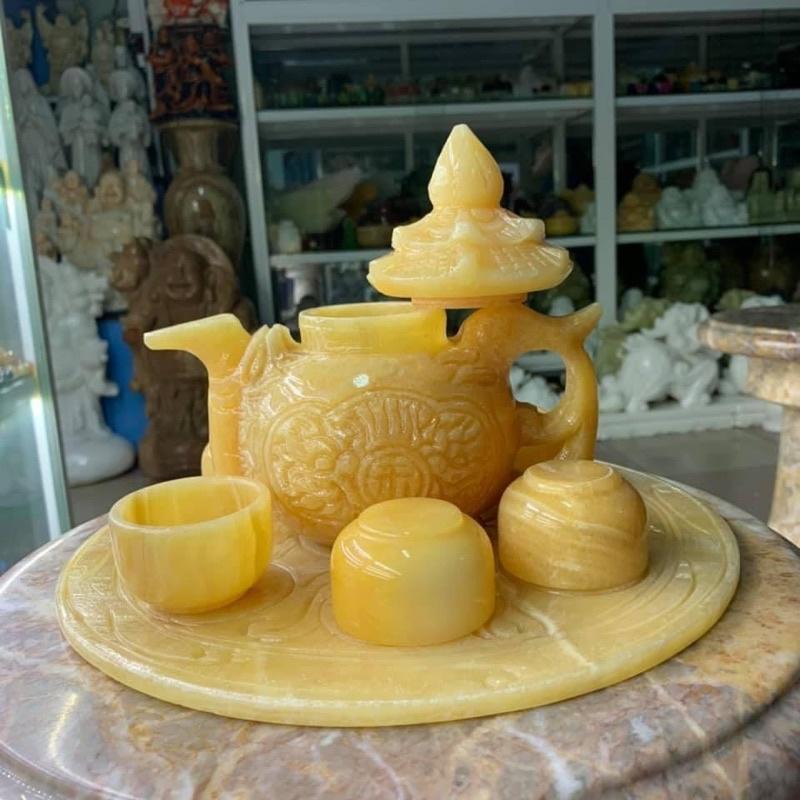Bộ Ấm Trà Đá Ngọc Hoàng Long Chạm Khắc Rồng - đường kính đĩa 28cm