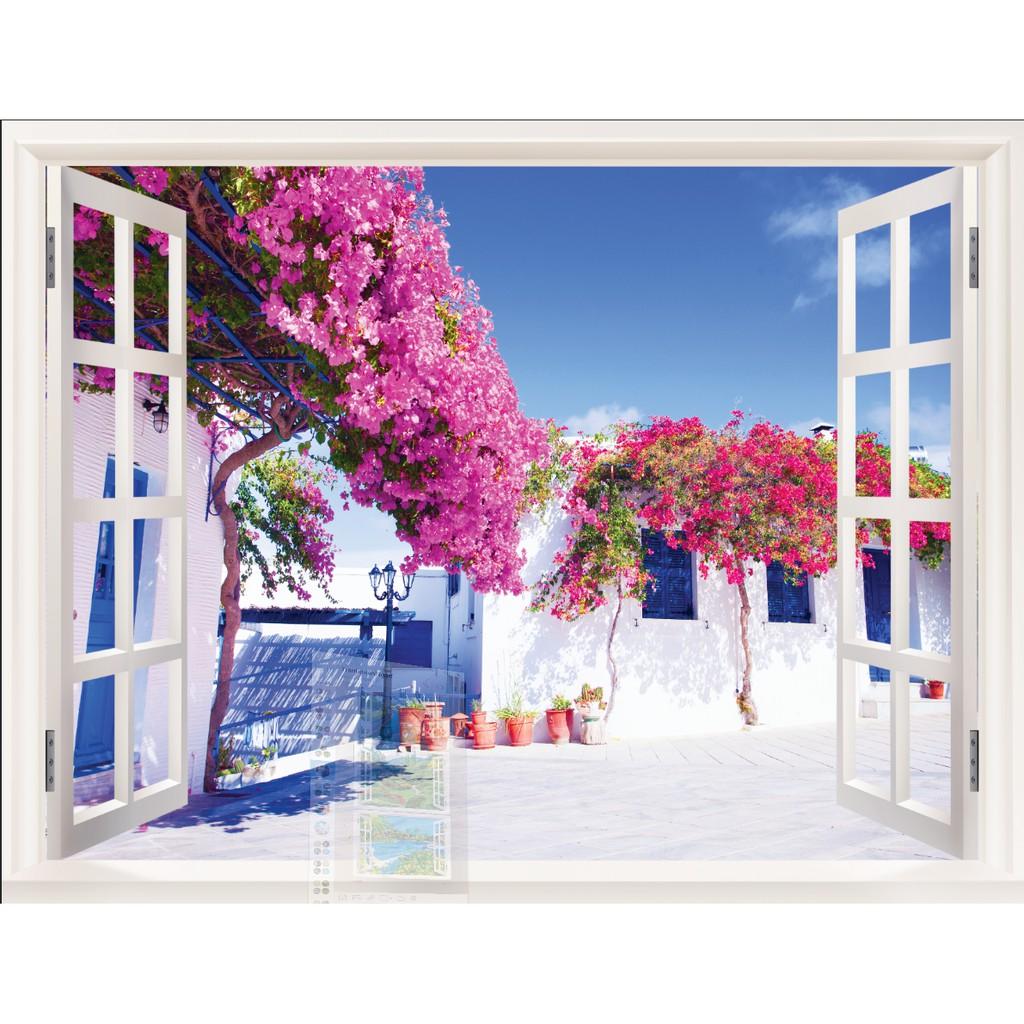 Tranh dán tường 3D cửa sổ - VẢI LỤA phủ kim sa