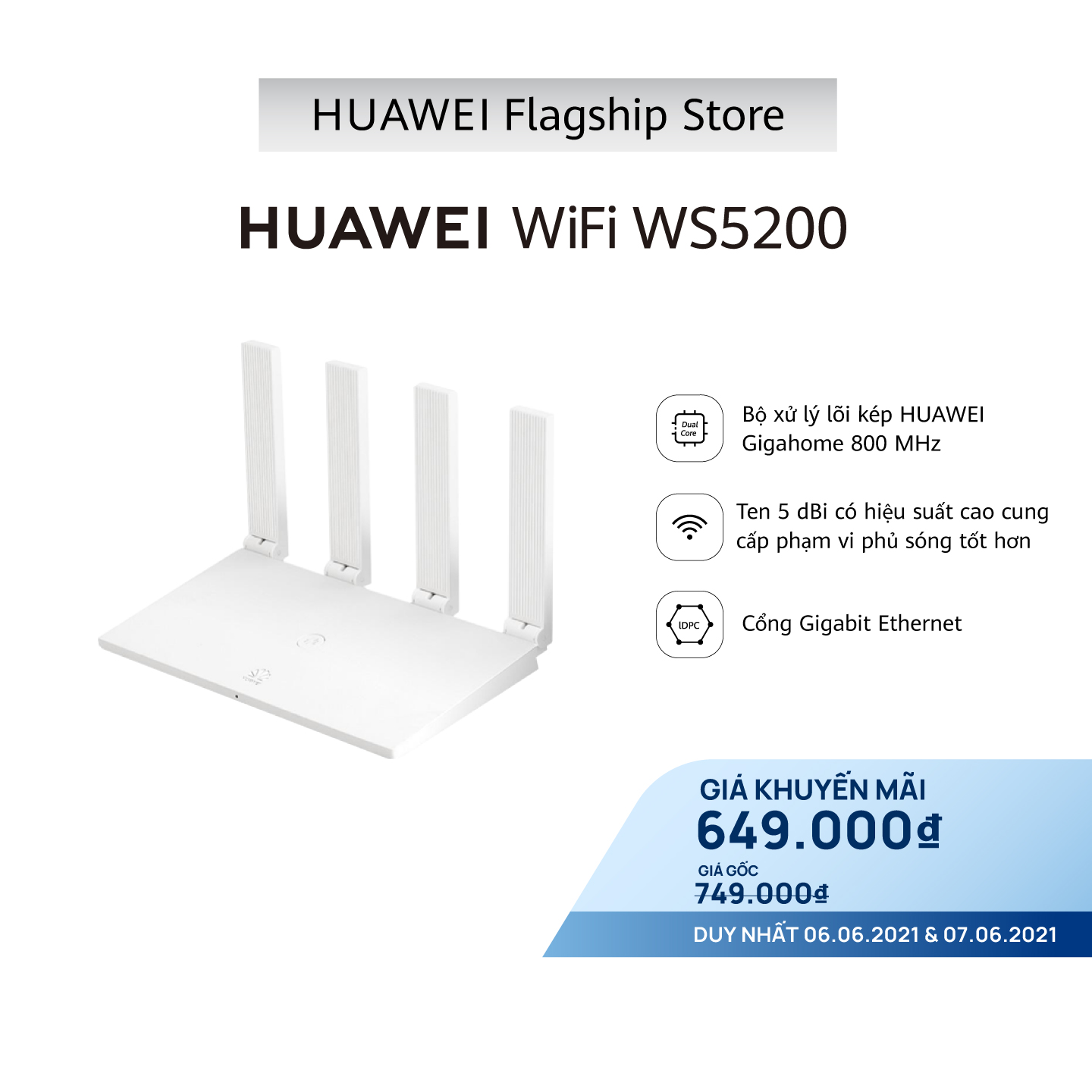 Thiết Bị Định Tuyến Mạng Không Dây HUAWEI Wifi WS5200 | Bộ Xử Lý Lõi Kép HUAWEI Gigahome 800 Mhz | Bốn Ăng | Ten 5 Dbi Có Hiệu Suất Cao Cung Cấp Phạm Vi Phủ Sóng Tốt Hơn | Cổng Gigabit Ethernet | Ứng Dụng HUAWEI Smarthome | Hàng Chính Hãng