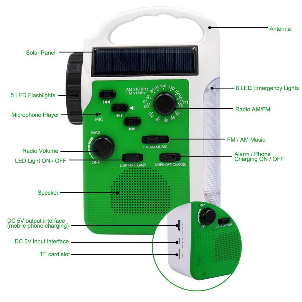Solar Crank AM/FM NOAA Weather Radio LED Light Cellphone Charger Green