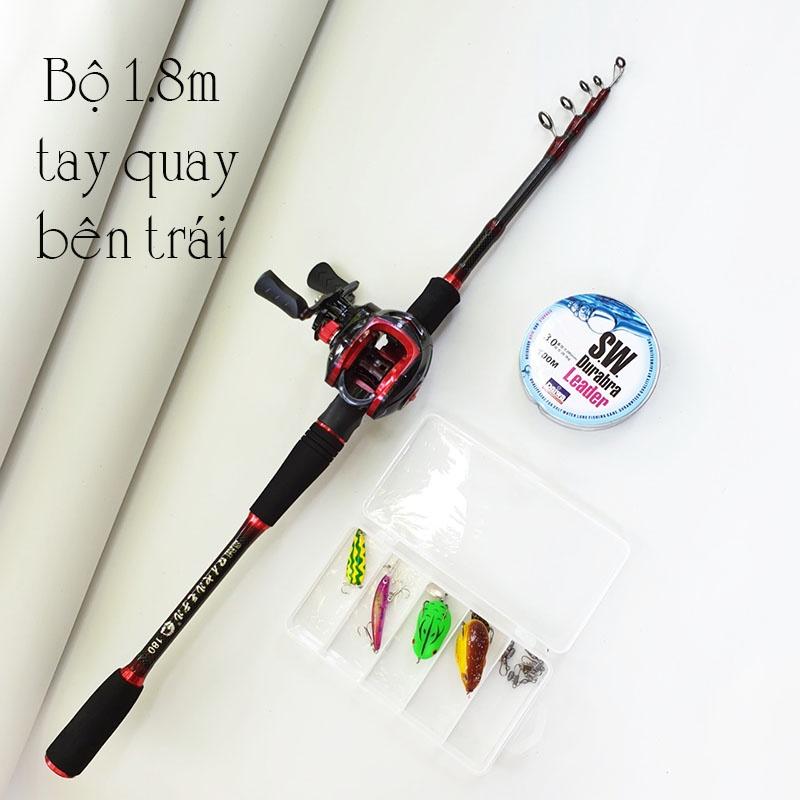 Bộ cần câu lure máy ngang rút gọn 60cm chất liệu carbon độ dài 1m8 - 2m1 - 2m4 kèm máy ngang và hộp mồi lure B-CM9