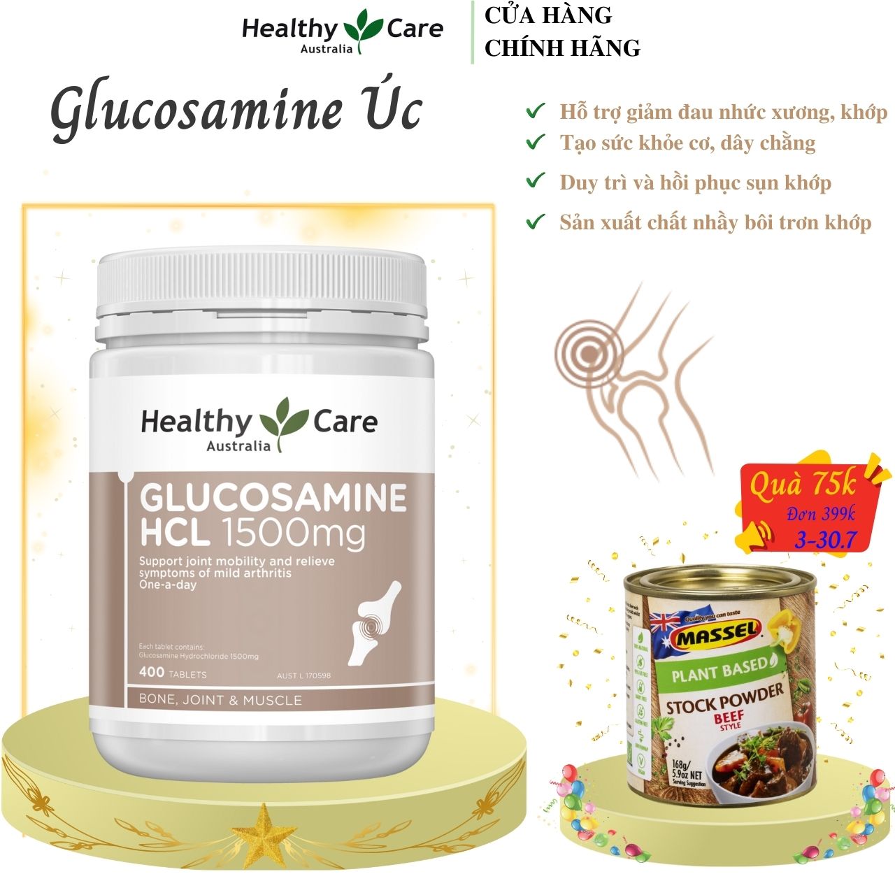 Glucosamine Úc Healthy Care HCL 1500mg Hỗ trợ giảm đau nhức xương khớp, tăng trưởng và hồi phục sụn, sản xuất chất nhầy cho khớp - Massel Official - 400Viên/Hộp