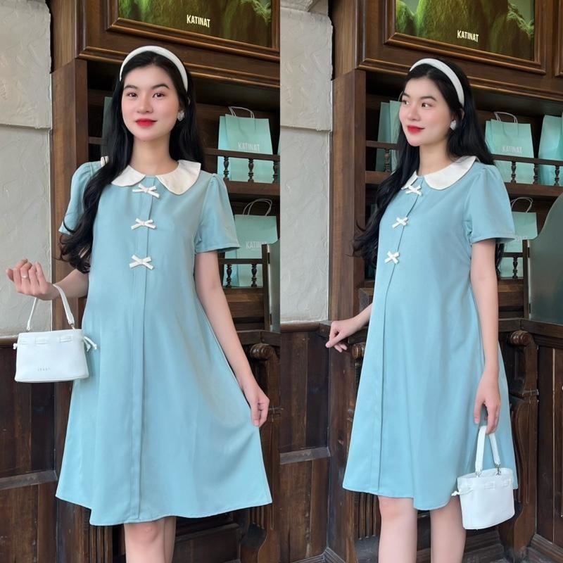 Đầm bầu công sở cổ sen đính 3 nơ dễ thương chất cotton lạnh mềm mịn - Hồng