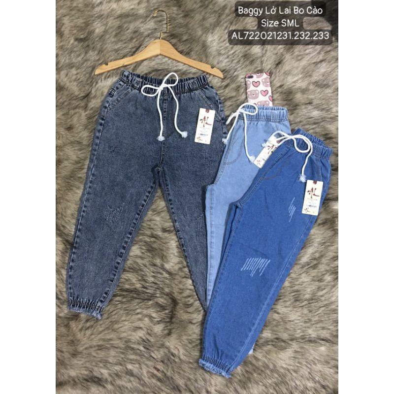 Quần jean baggy cào xước tua lai lưng thun mau xanh nhạt size 35-52kg