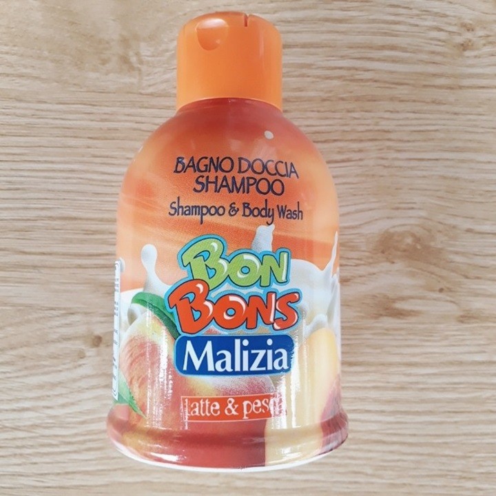 Sữa tắm gội trẻ em Malizia Bon Bons đào và sữa tươi 500ml tặng kèm móc khóa