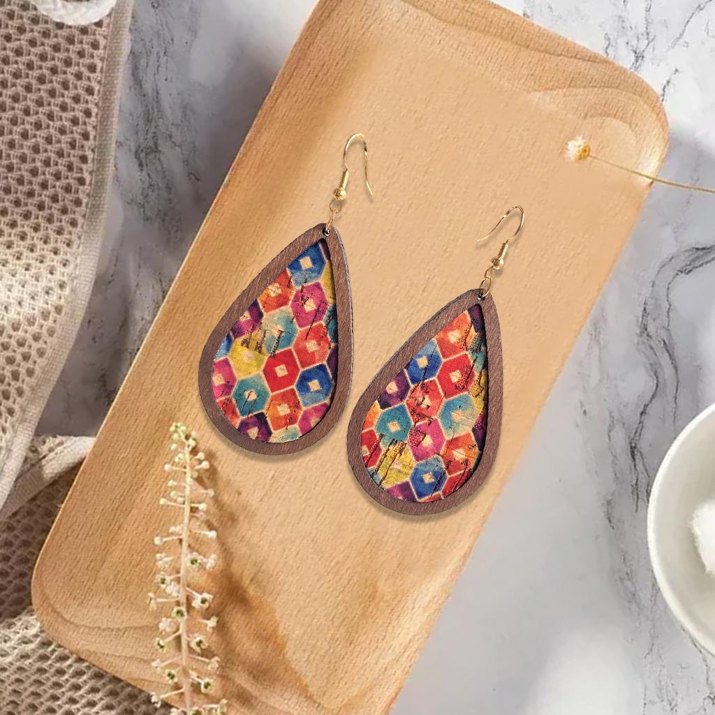 2-3pack Drop Shape Earrings Retro Wood Grain Leather for Teens Square Rainbow