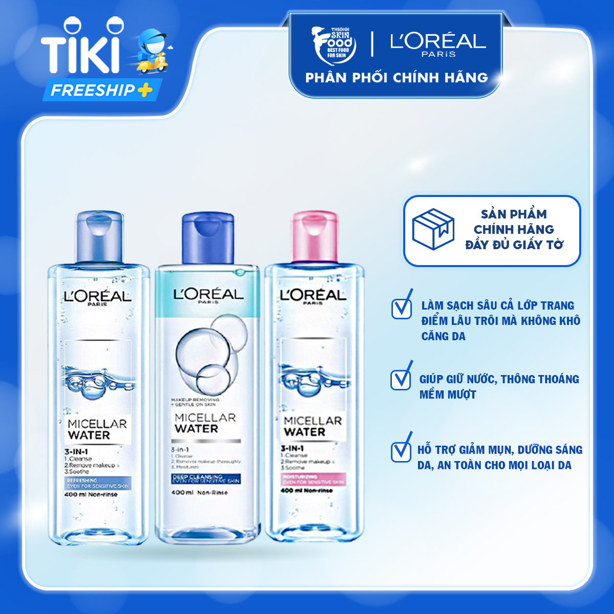 Nước tẩy trang làm sạch, dưỡng ẩm cho mọi loại da L'Oreal 3-in-1 Micellar Water 400ml