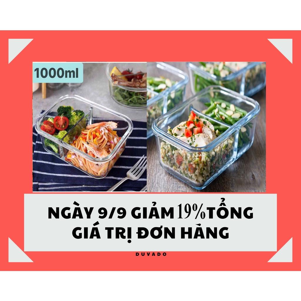 Hộp đựng thực phẩm, hộp cơm thủy tinh 2 ngăn 1000ml để tủ lạnh, lò vi sóng