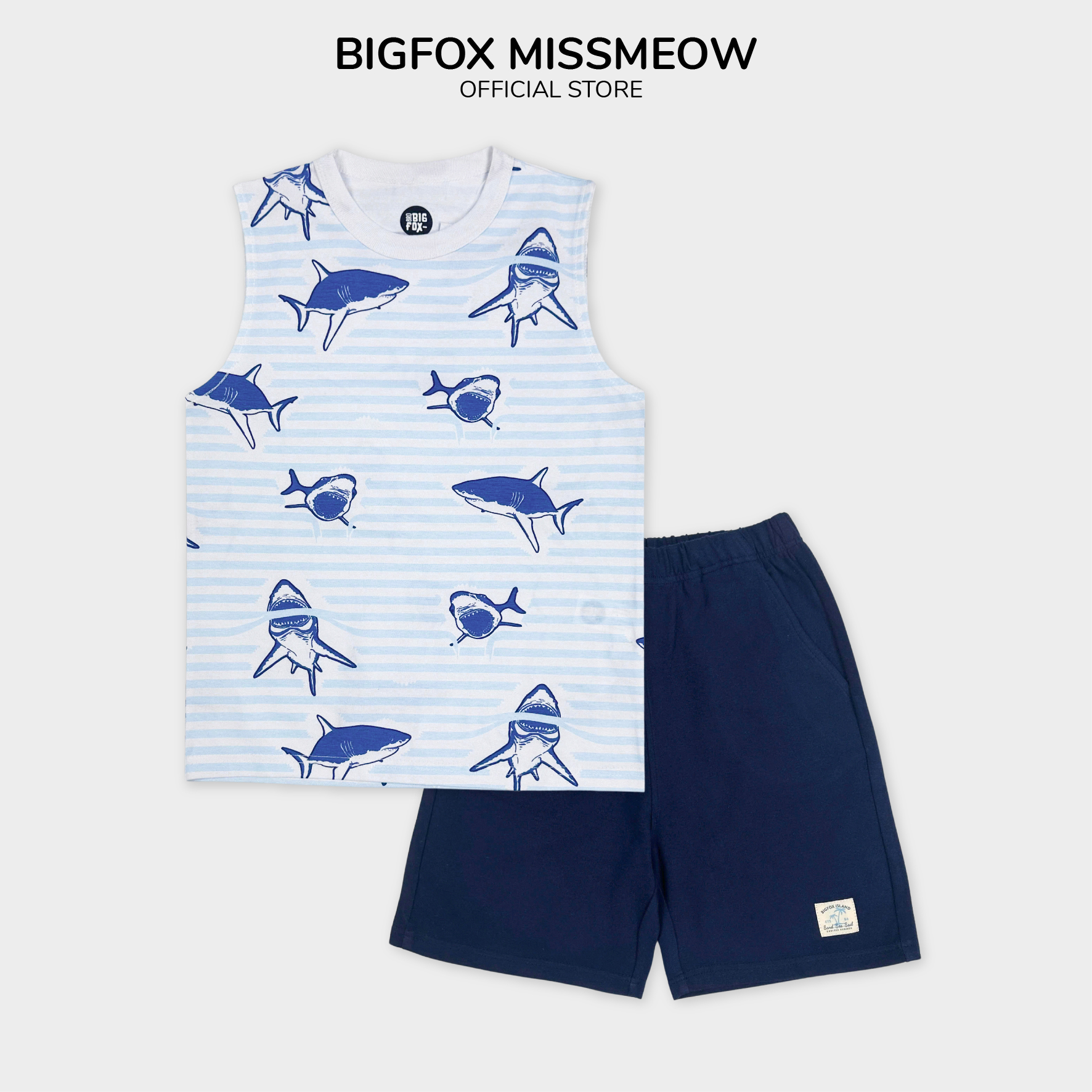 Bộ ba lỗ bé trai size đại Bigfox Miss Meow chất cotton in cá mập cỡ 3,7,9,11 tuổi 30kg 40kg