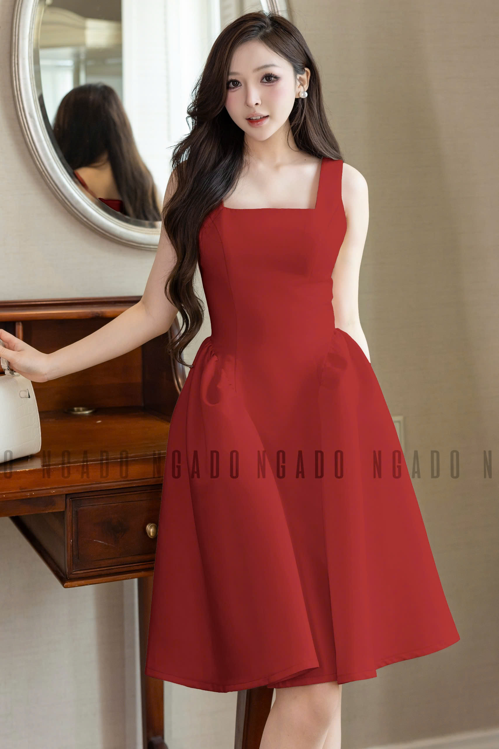 Đầm đỏ cổ vuông hai dây NGADO , đầm hai dây , đầm Nữ , đầm dạo phố , dự tiệc